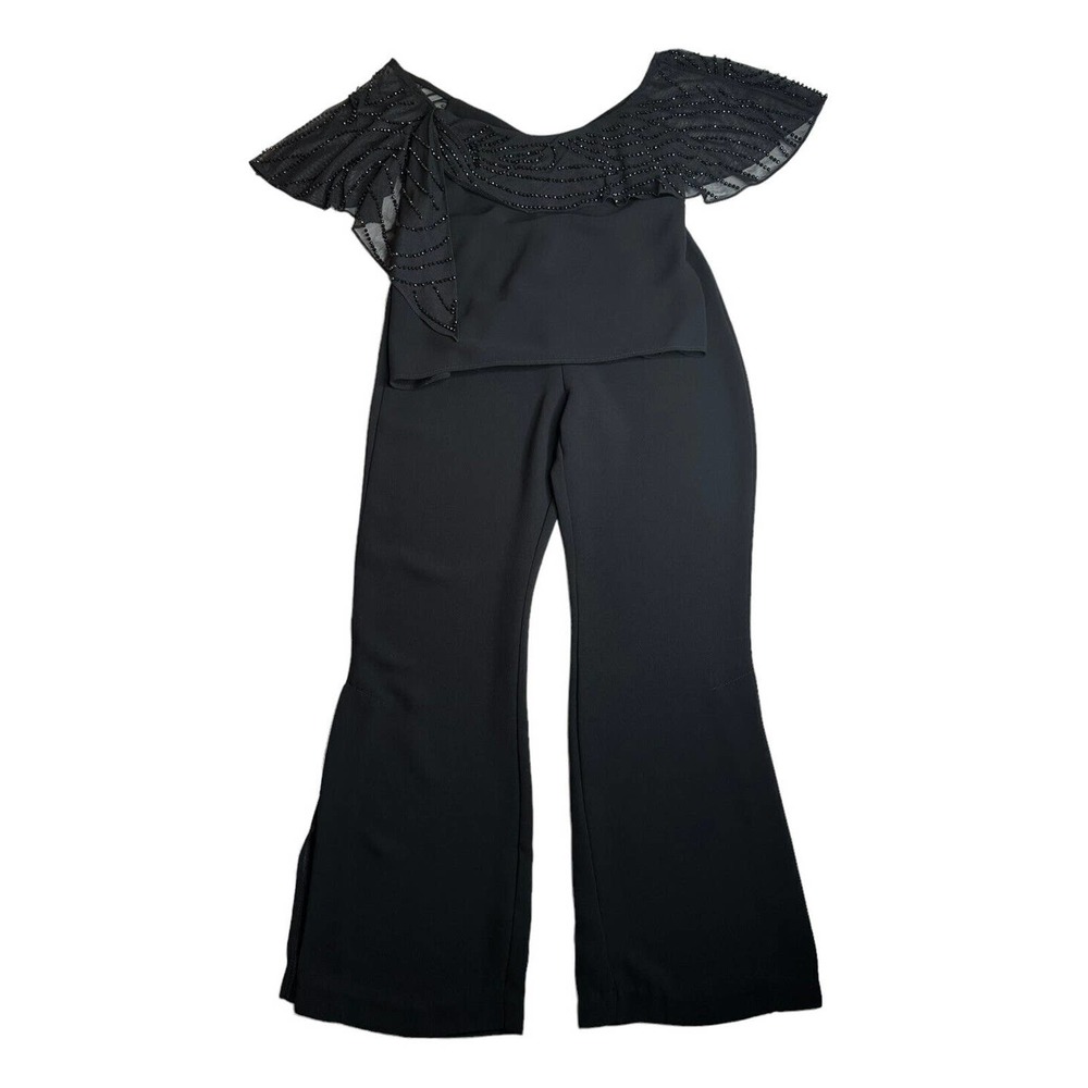 Vtg SL Fashions Petite Black Beaded 2 Piece Pant Suit 90s Party Cocktail‎ Sz 4P